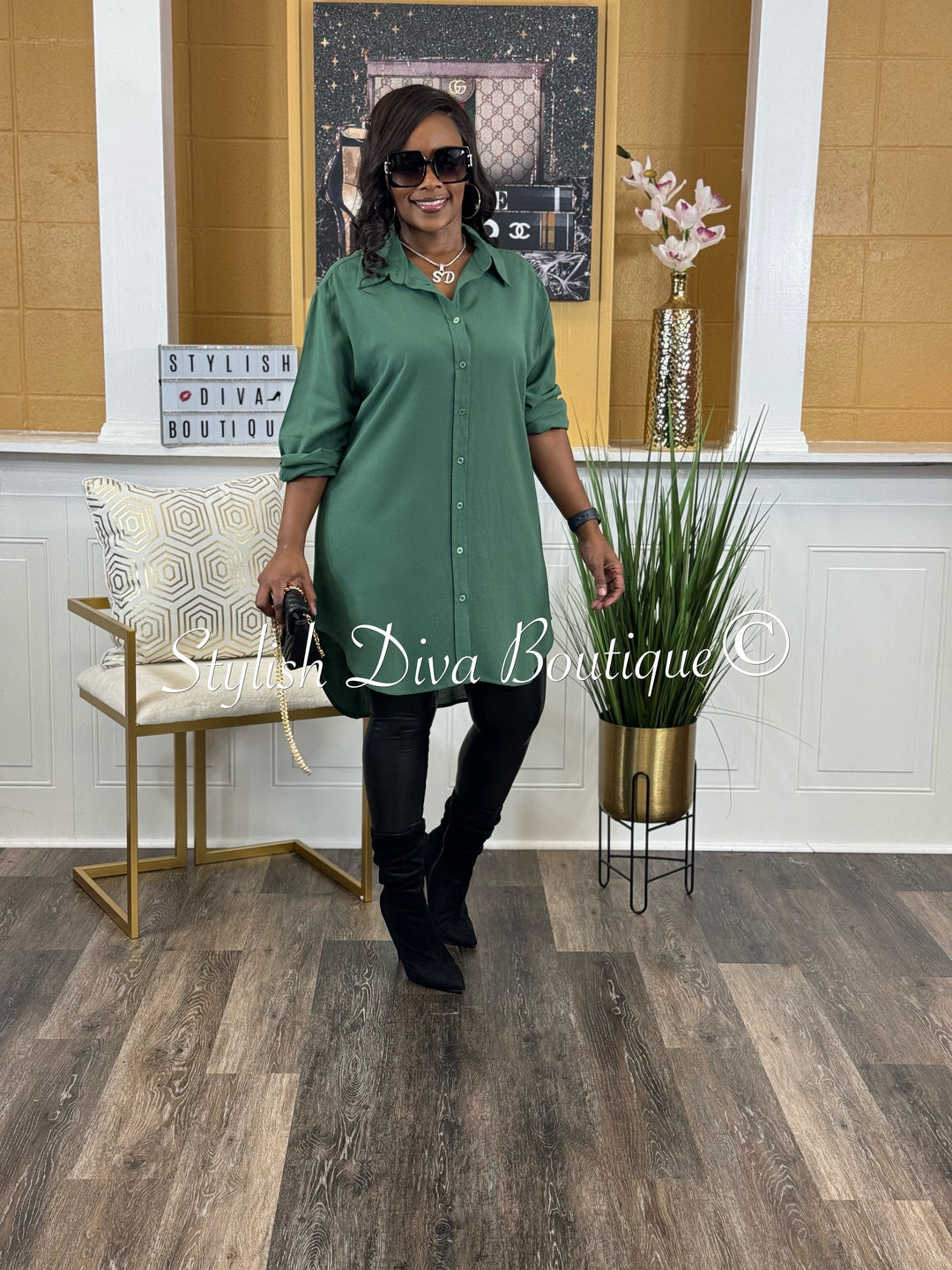 Casual Stroll V-Neck Oversized Shirt Dress (Dark Green)