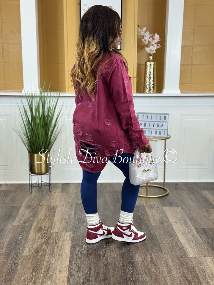 Harper Distressed Denim Shacket (Berry Denim)