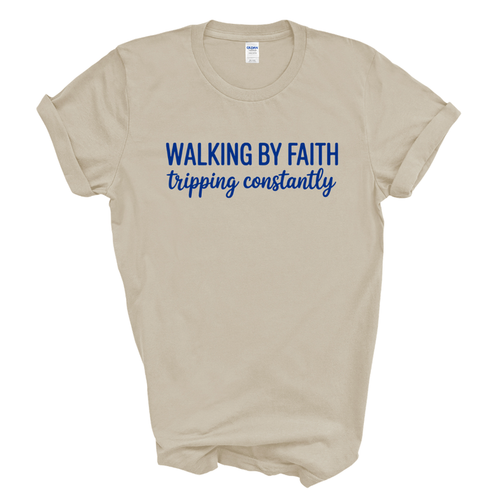 Walking By Faith Graphic Tee (Grey Shirt/Royal Blue Print)