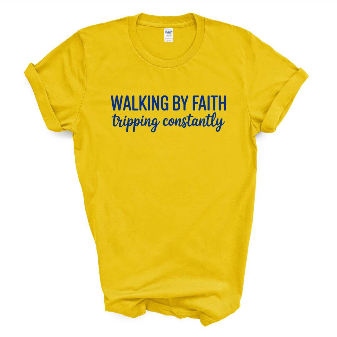 Walking By Faith Graphic Tee (Grey Shirt/Royal Blue Print)