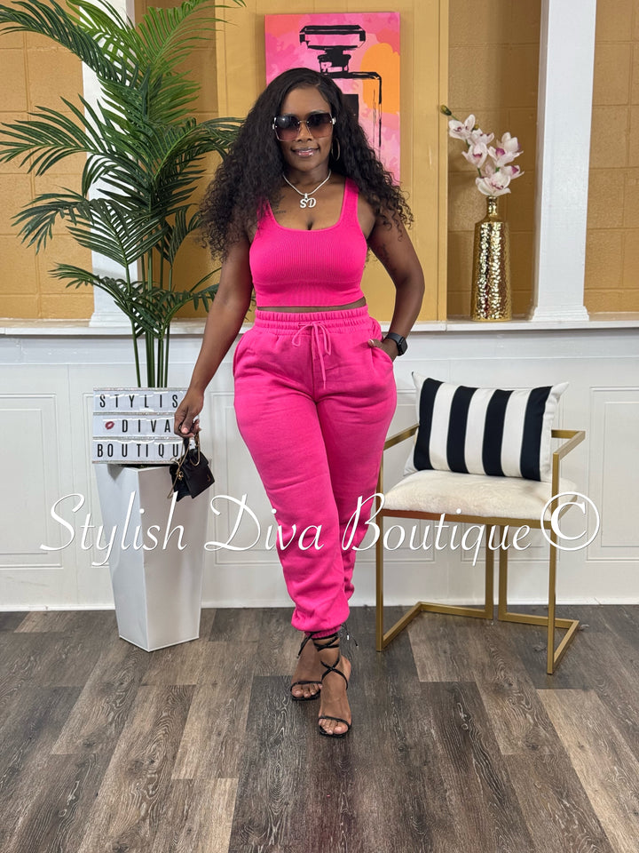 Ribbed Seamless Square Neck Cropped Tank (Hot Pink)