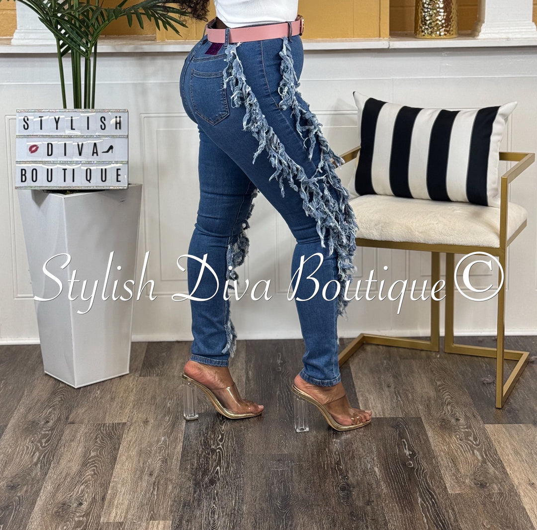 Show Stopper Distressed Fringe Jeans (Dark Wash)