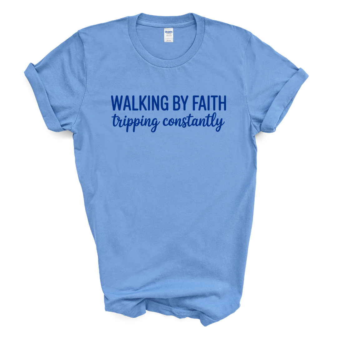 Walking By Faith Graphic Tee (Grey Shirt/Royal Blue Print)