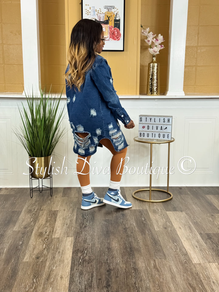 Harper Distressed Denim Shacket (Dark Denim)