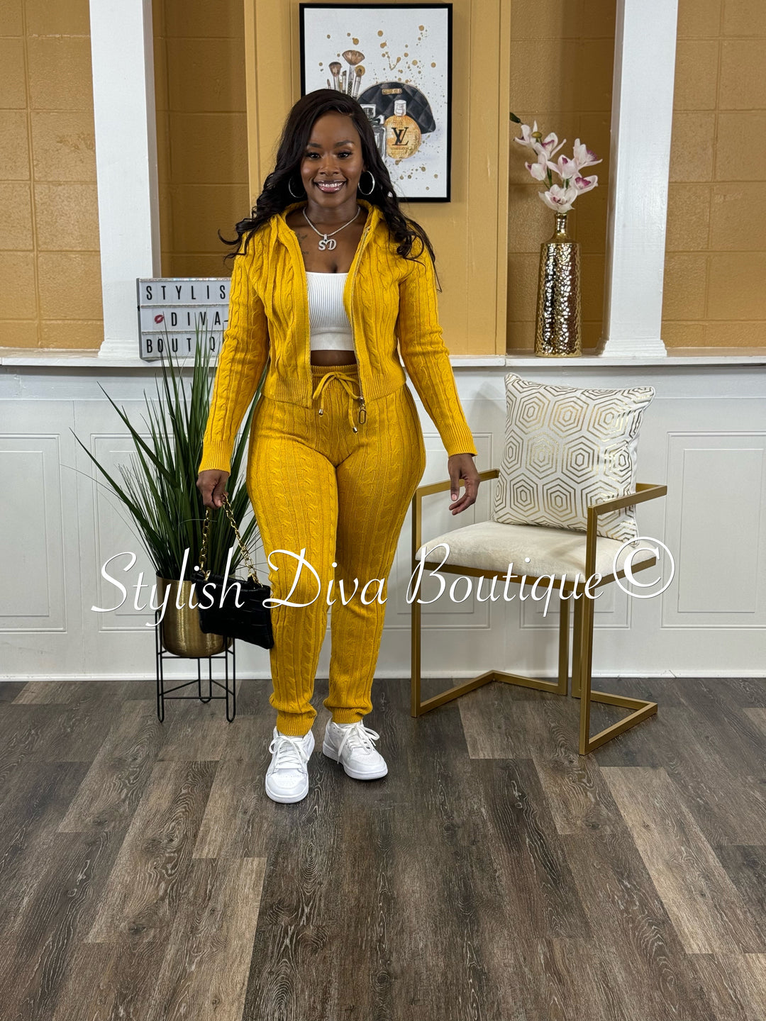 Focused On Me Hooded Cable Knit Legging Set (Mustard)