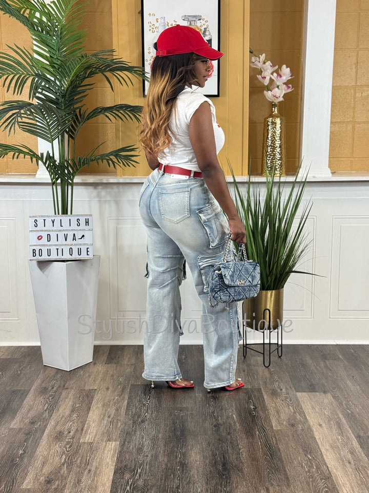 Main Character Acid Wash Cargo Jeans (Light Denim Wash)