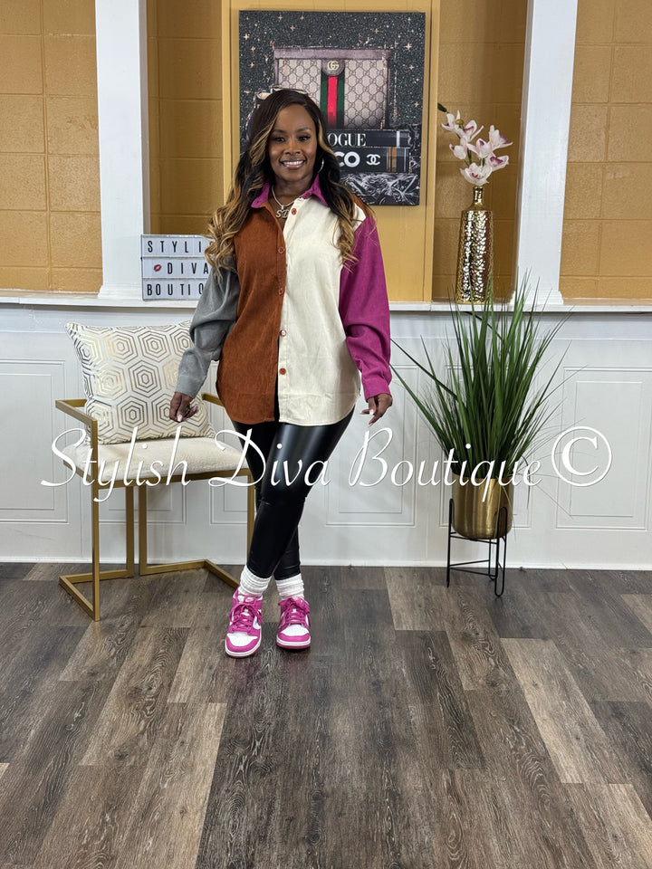 Color Block Corduroy Shacket (Rust/Magenta/Grey/Cream)