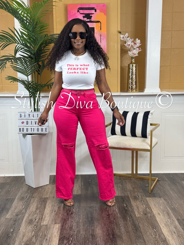 London Straight Leg Distressed Jeans (Magenta Pink)