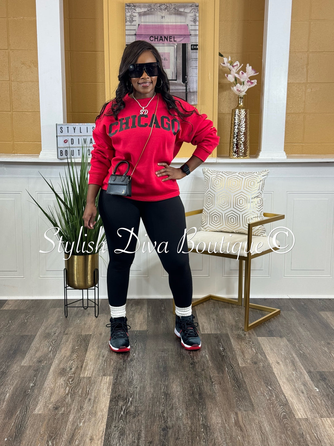 Chicago Oversized Sweatshirt & Leggings 3pc Set (Red Top w/ Red & Black Leggings)