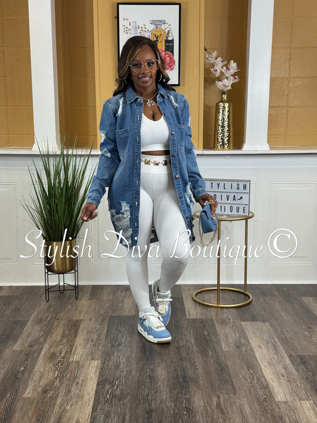 Harper Distressed Denim Shacket (Medium Denim)