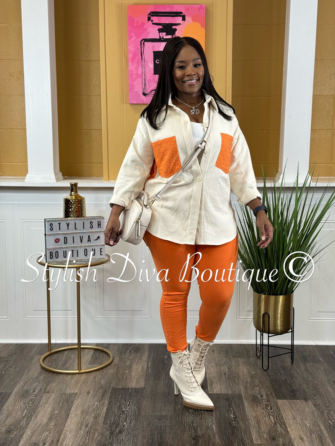 Deena Color Block Shacket (Orange/Cream)