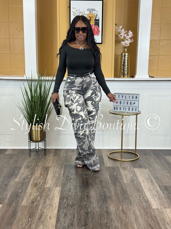 Grey Wash Camo Cargo Pants