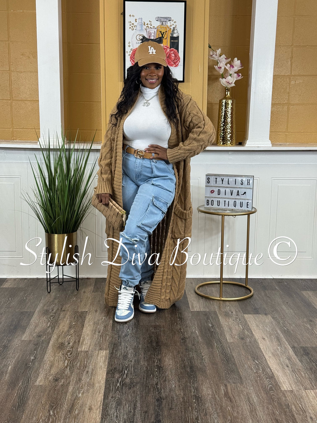 Kamala Long Cable Knit Cardigan (Khaki Brown)