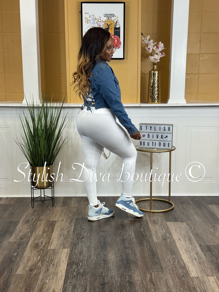 Laced Back Cropped Denim Jacket (Medium Denim)