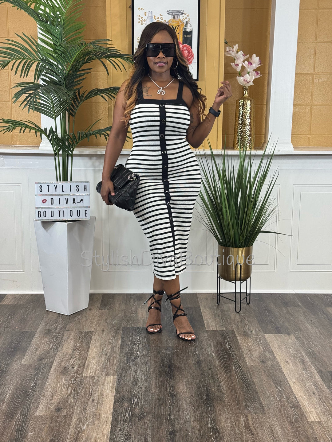Milan Striped Midi Dress (White/Black)