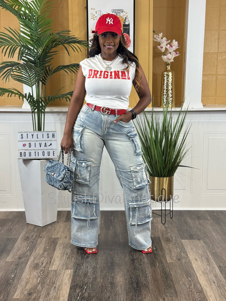 Main Character Acid Wash Cargo Jeans (Light Denim Wash)