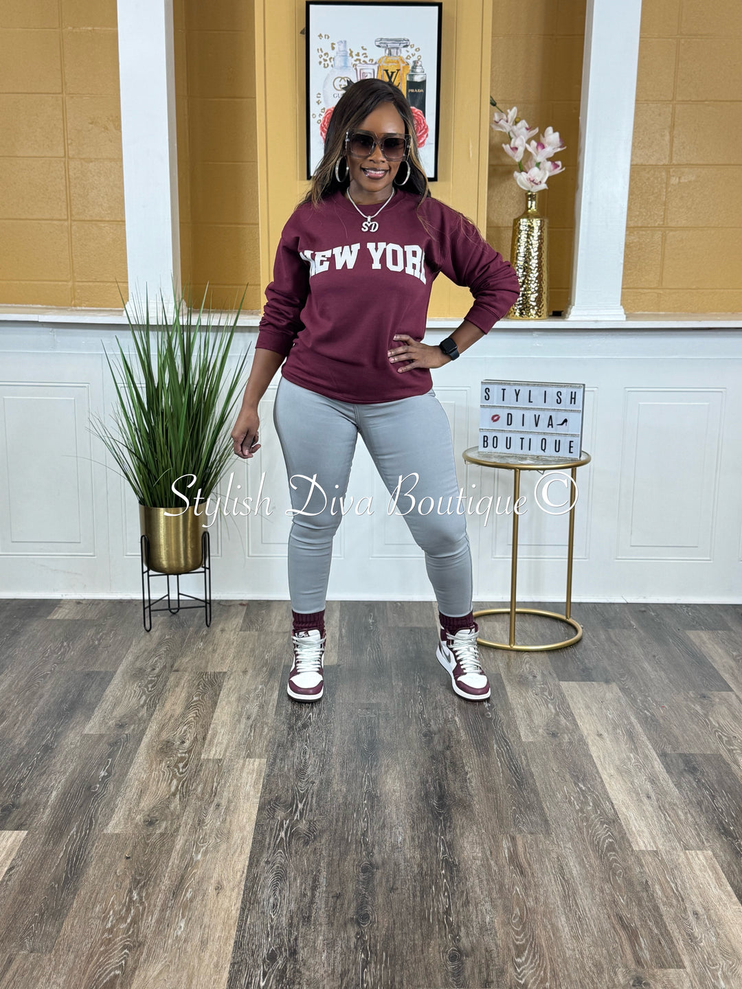 New York Sweatshirt Only up to 3XL (Burgundy/Grey Print)