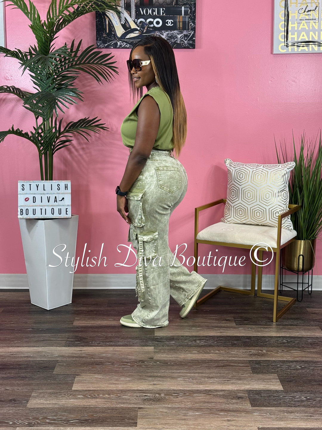 Nicki Acid Wash Cargo Pants (Sage)