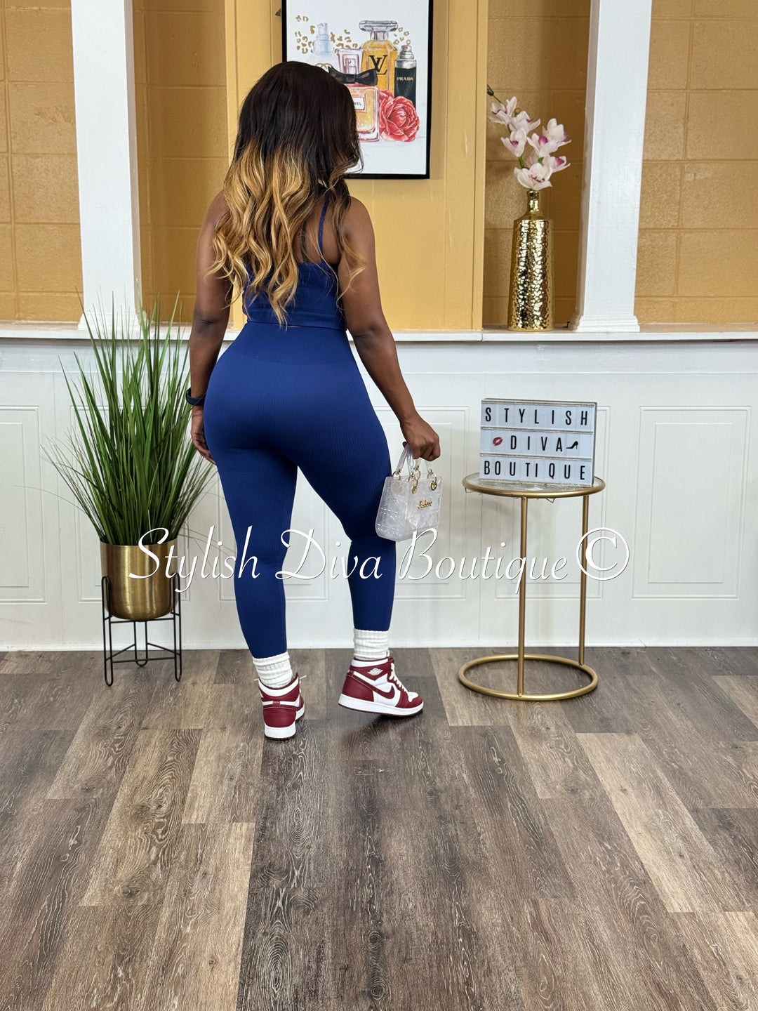 Seamless Ribbed High Waist Leggings (Lt Navy)