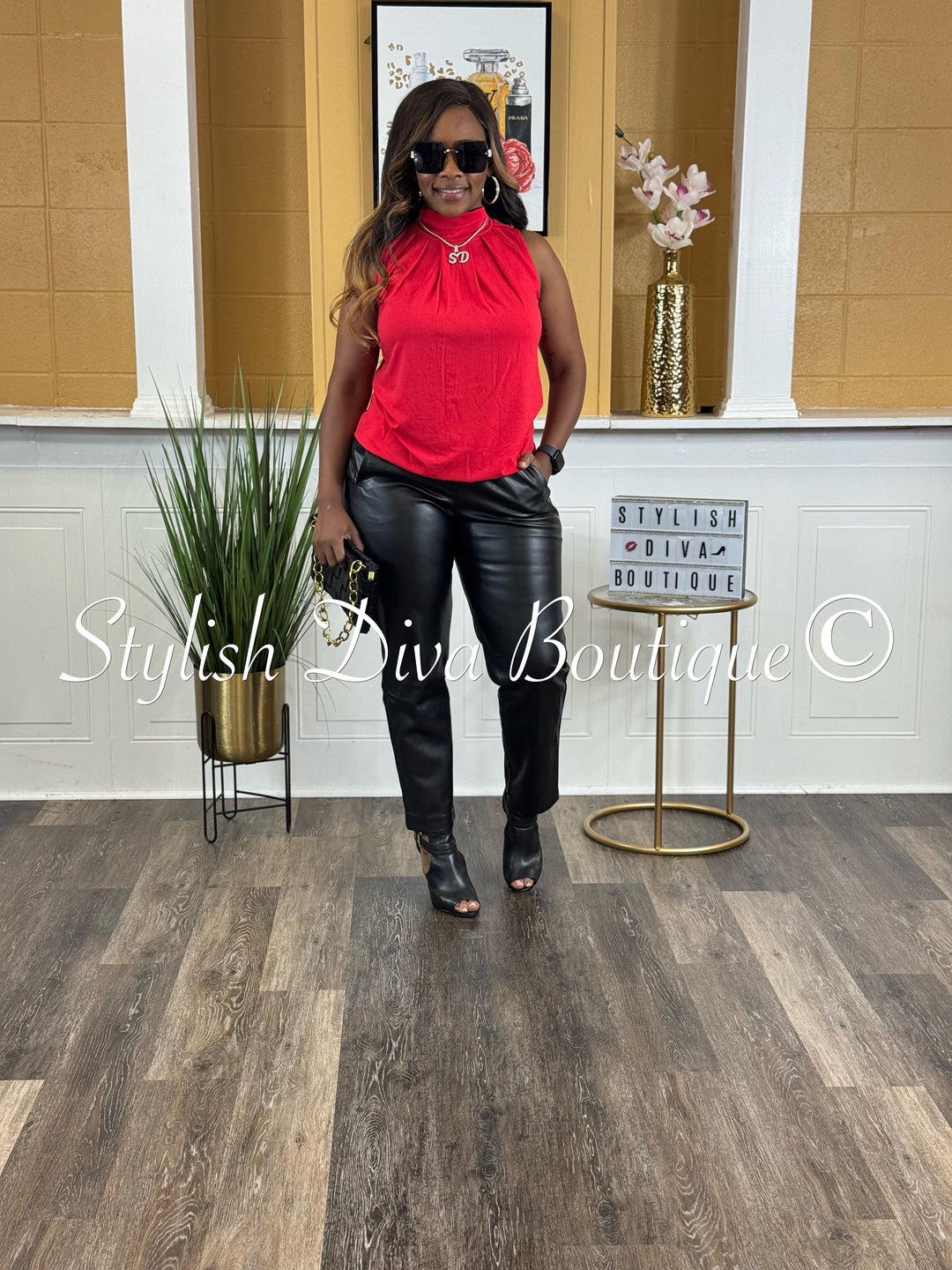 Yasmine Mock Neck Sleeveless Top (Red)