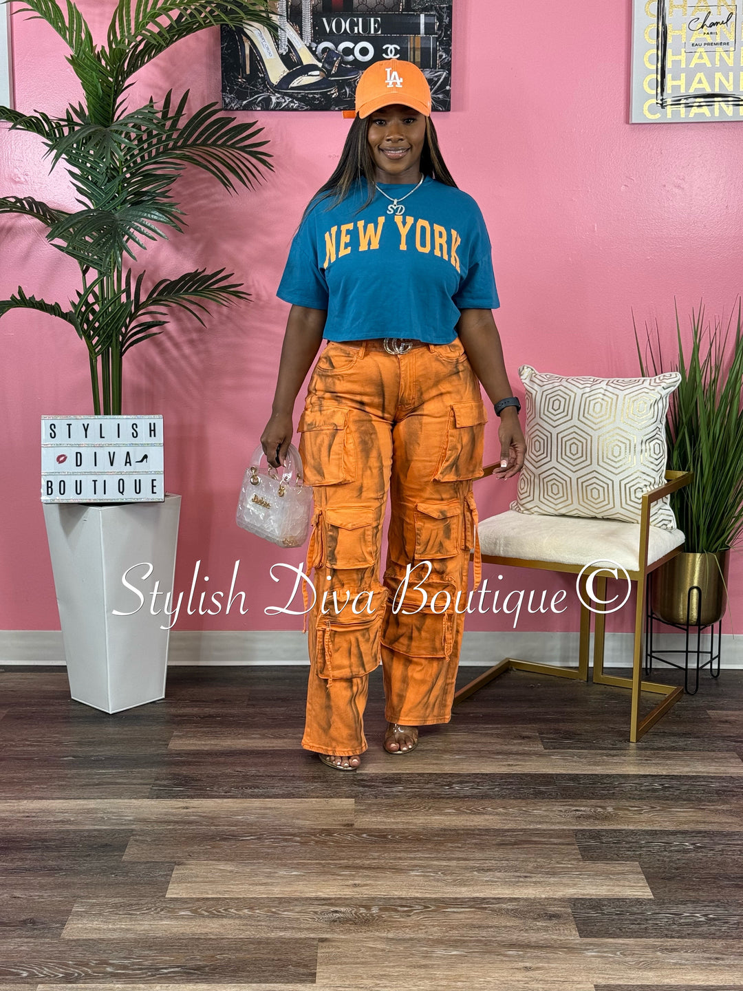 New York Print Crop Top (Teal/Orange Print)