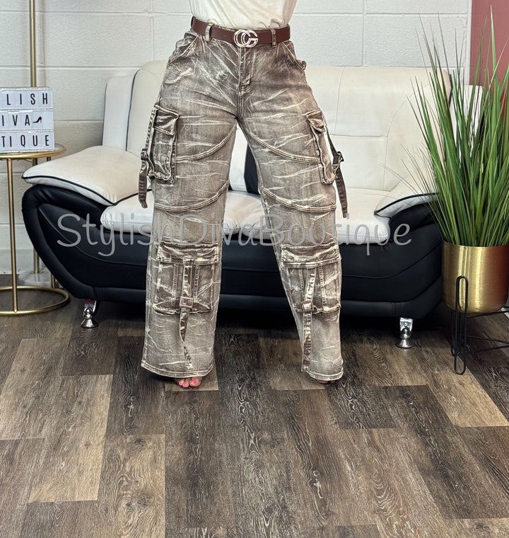 Marbled Wash Cargo Jeans (Brown Wash)
