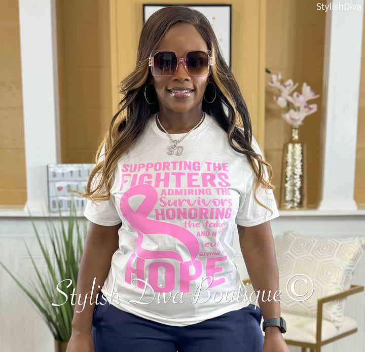 Supporting the Fighters Breast Cancer T-Shirt (White Shirt/Pink Print)