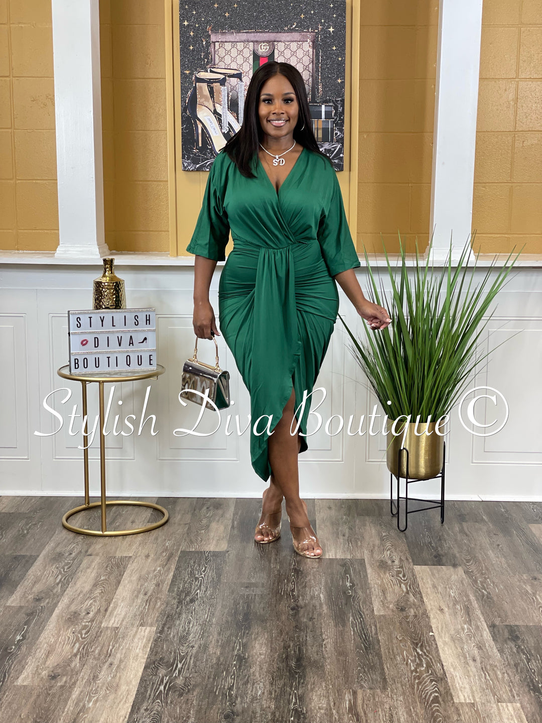 Chandler V Cut Ruched Midi Dress up to 3XL (Hunter Green)