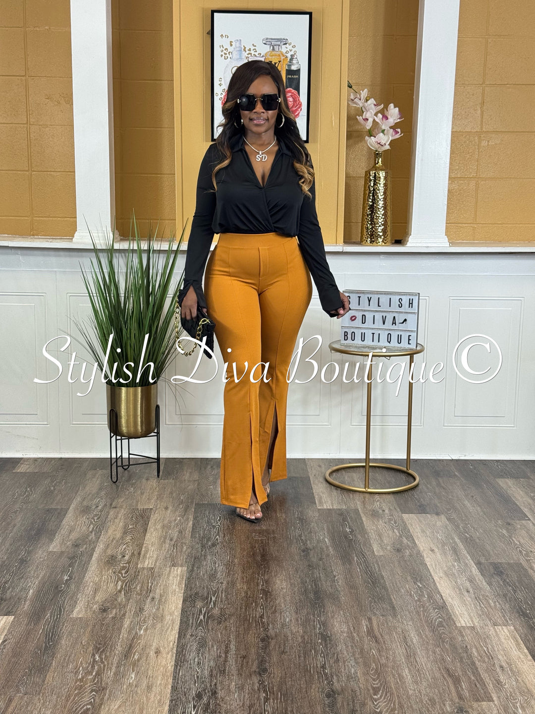 Split Front High Waist Flare Pants (Pumpkin Brown)