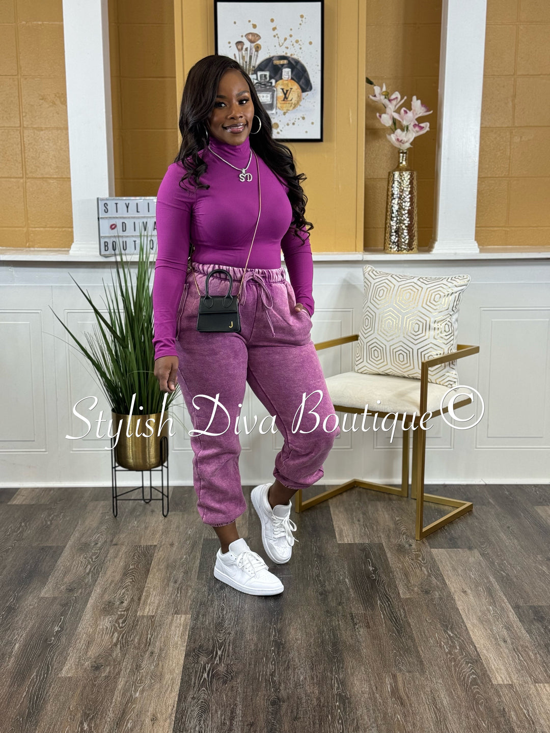 Kerri Acid Wash Mock Neck Jogger Set (Lt Plum)