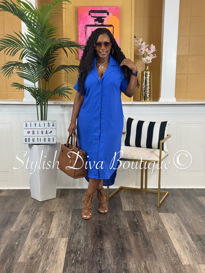 Kinder Buttoned Shirt Midi Dress (Royal Blue)