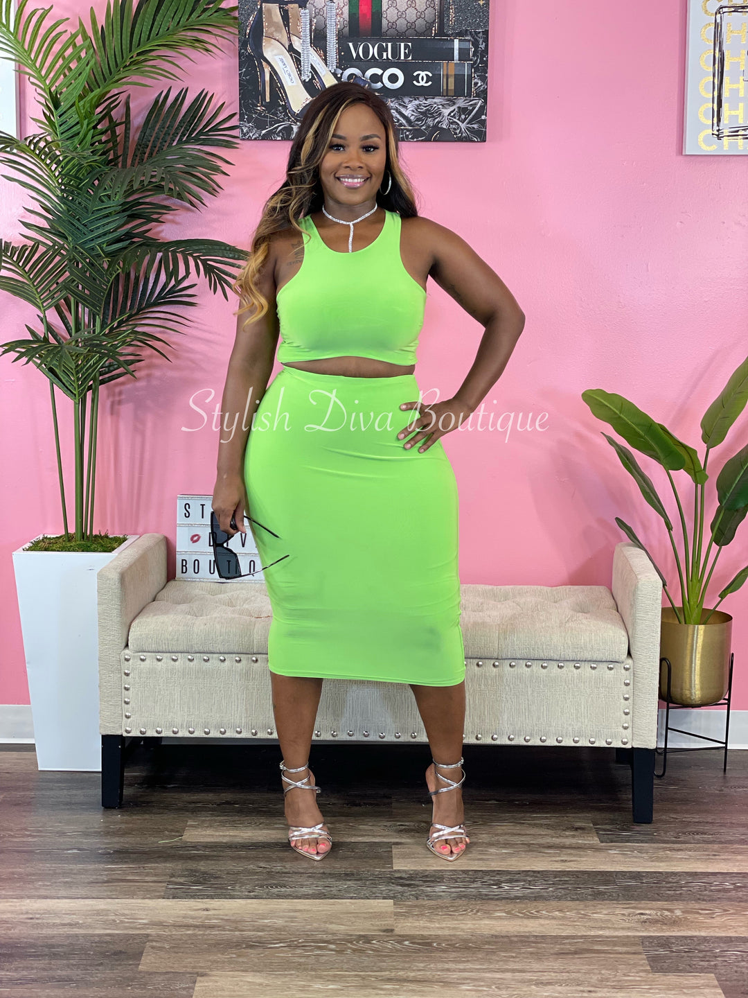 It Girl Midi Skirt Set (Lime Green)