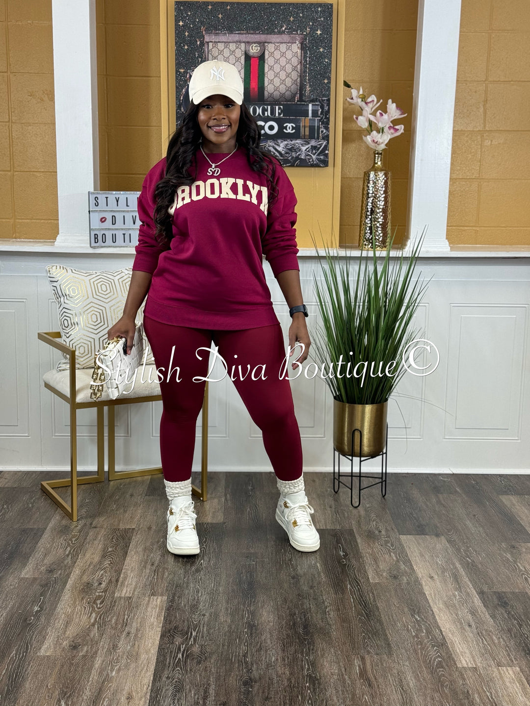 Brooklyn Oversized Sweatshirt & Leggings Set (Cabernet & Cream)