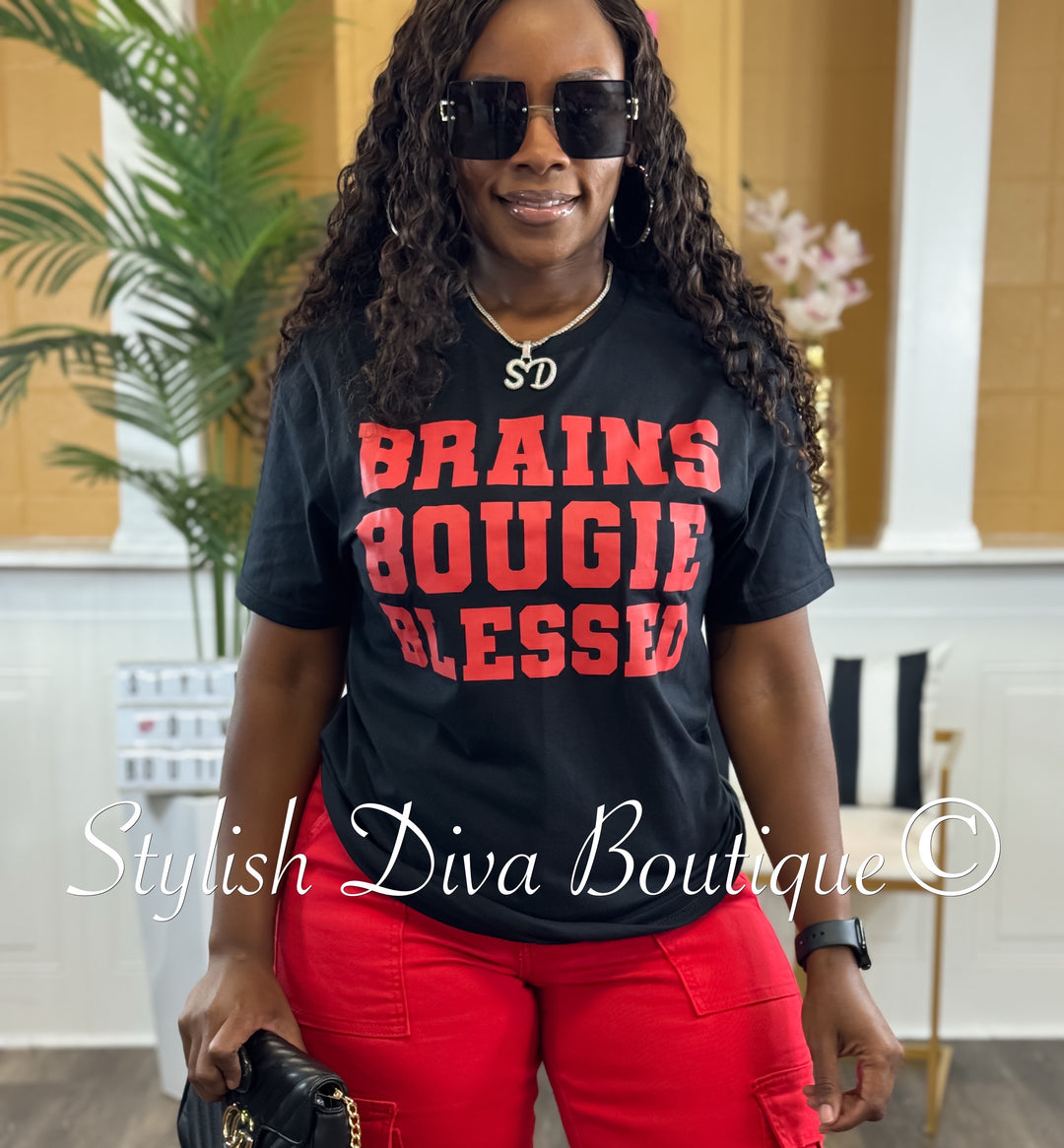 Brains Bougie Blessed T-Shirt (Black Shirt/Red Print)