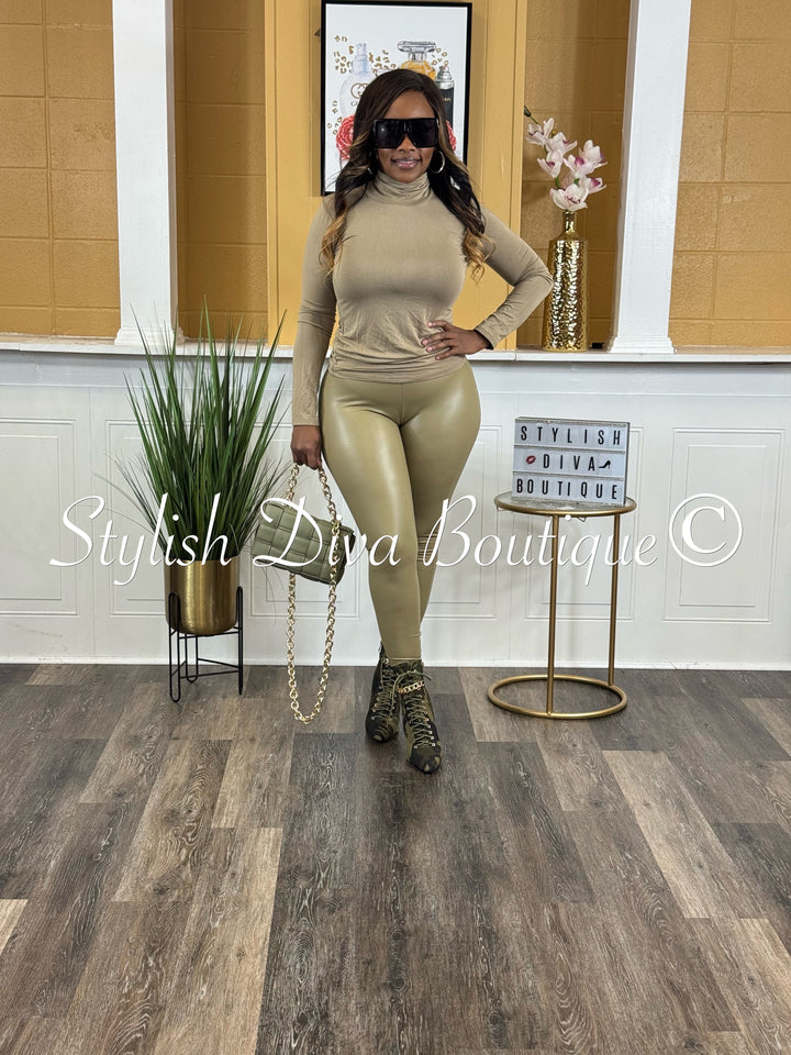 Faux Leather Leggings (Khaki Olive)