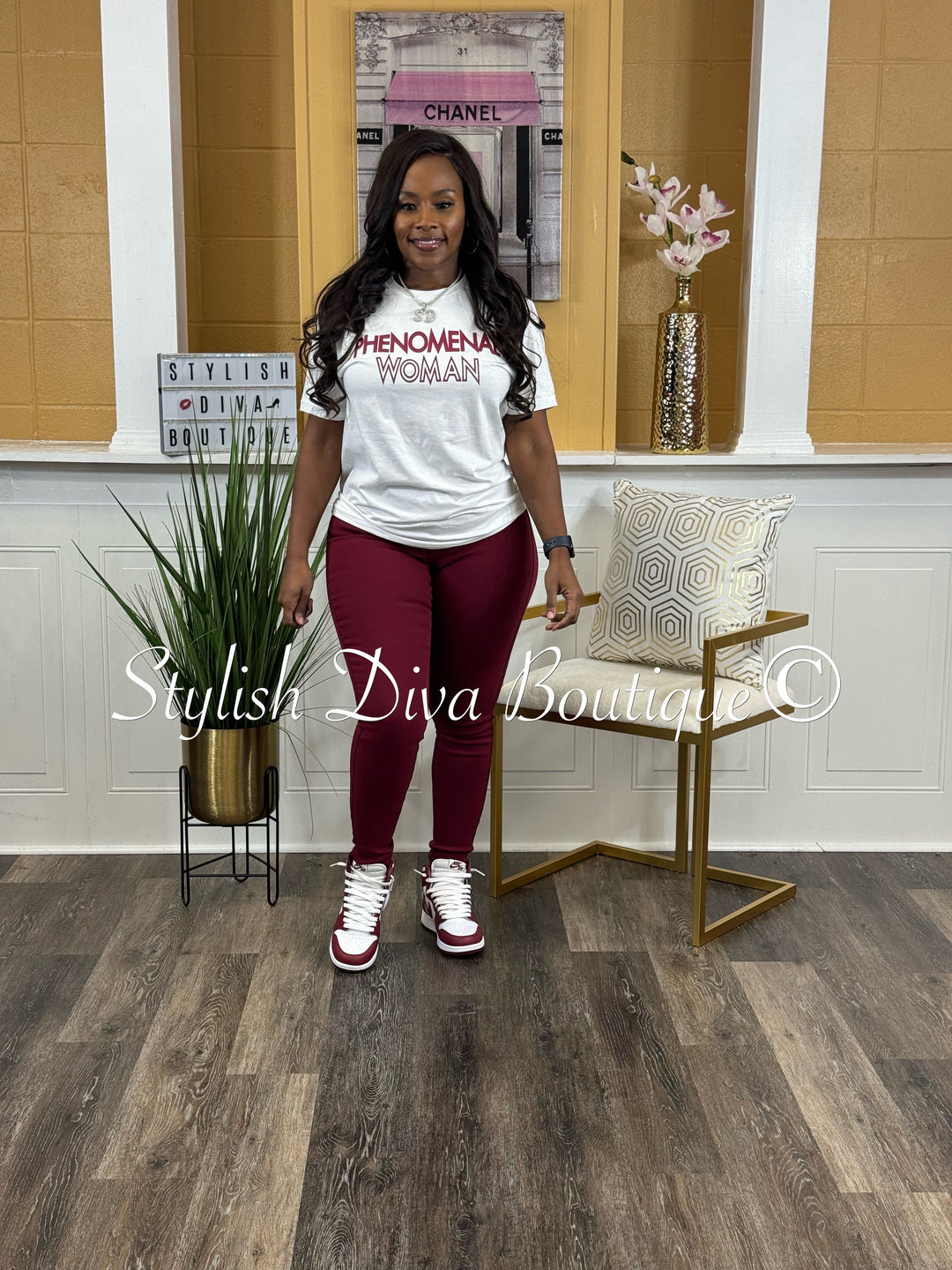 Phenomenal Woman T-Shirt (White Shirt/Garnet Print)