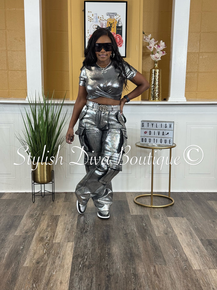 Mecca Metallic Cargo Pants (Black Denim/Silver Foil)