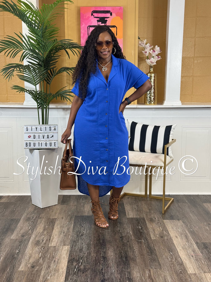 Kinder Buttoned Shirt Midi Dress (Royal Blue)
