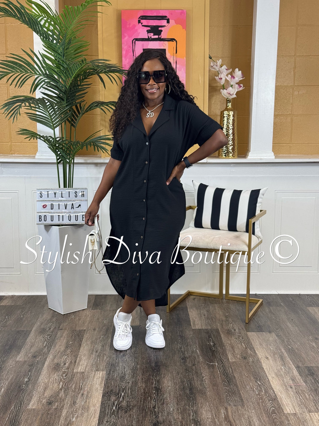 Kinder Buttoned Shirt Midi Dress (Black)