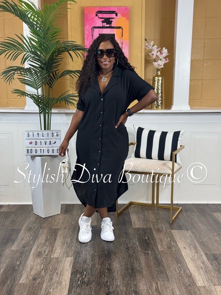 Kinder Buttoned Shirt Midi Dress (Black)