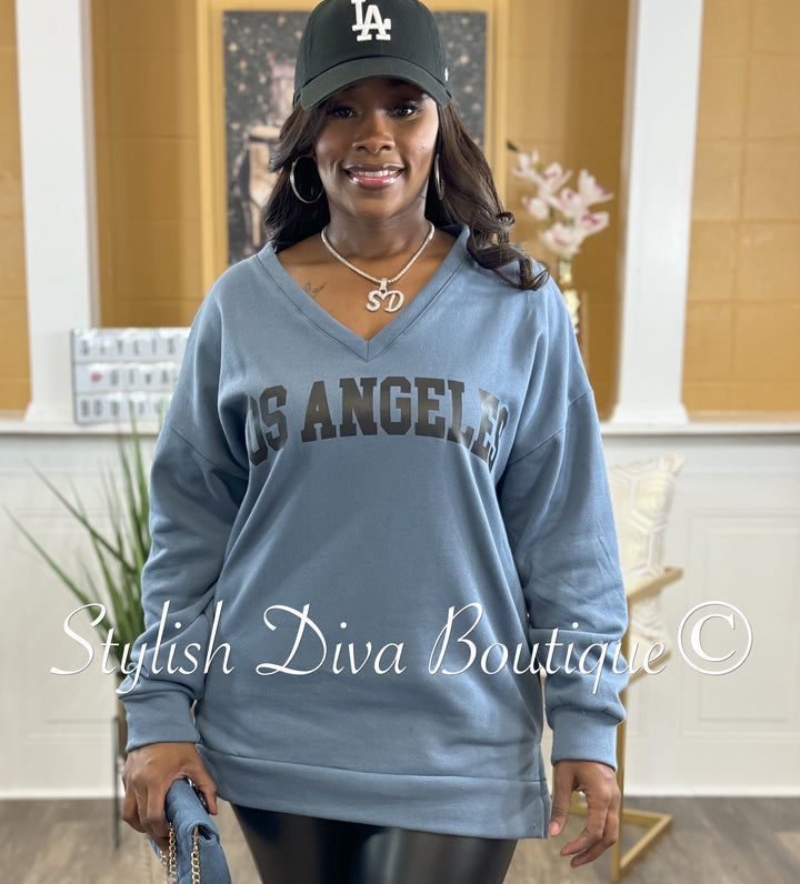 Los Angeles V Neck Sweatshirt Only (Denim Blue)