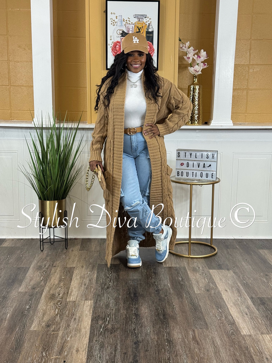 Kamala Long Cable Knit Cardigan (Khaki Brown)