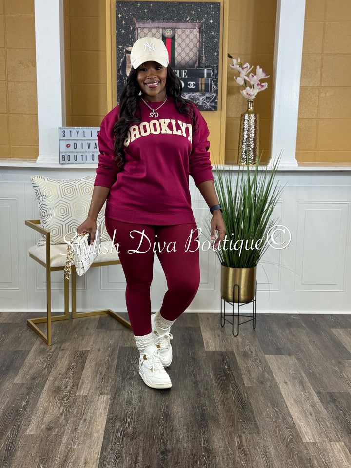 Brooklyn Oversized Sweatshirt & Leggings Set (Cabernet & Cream)