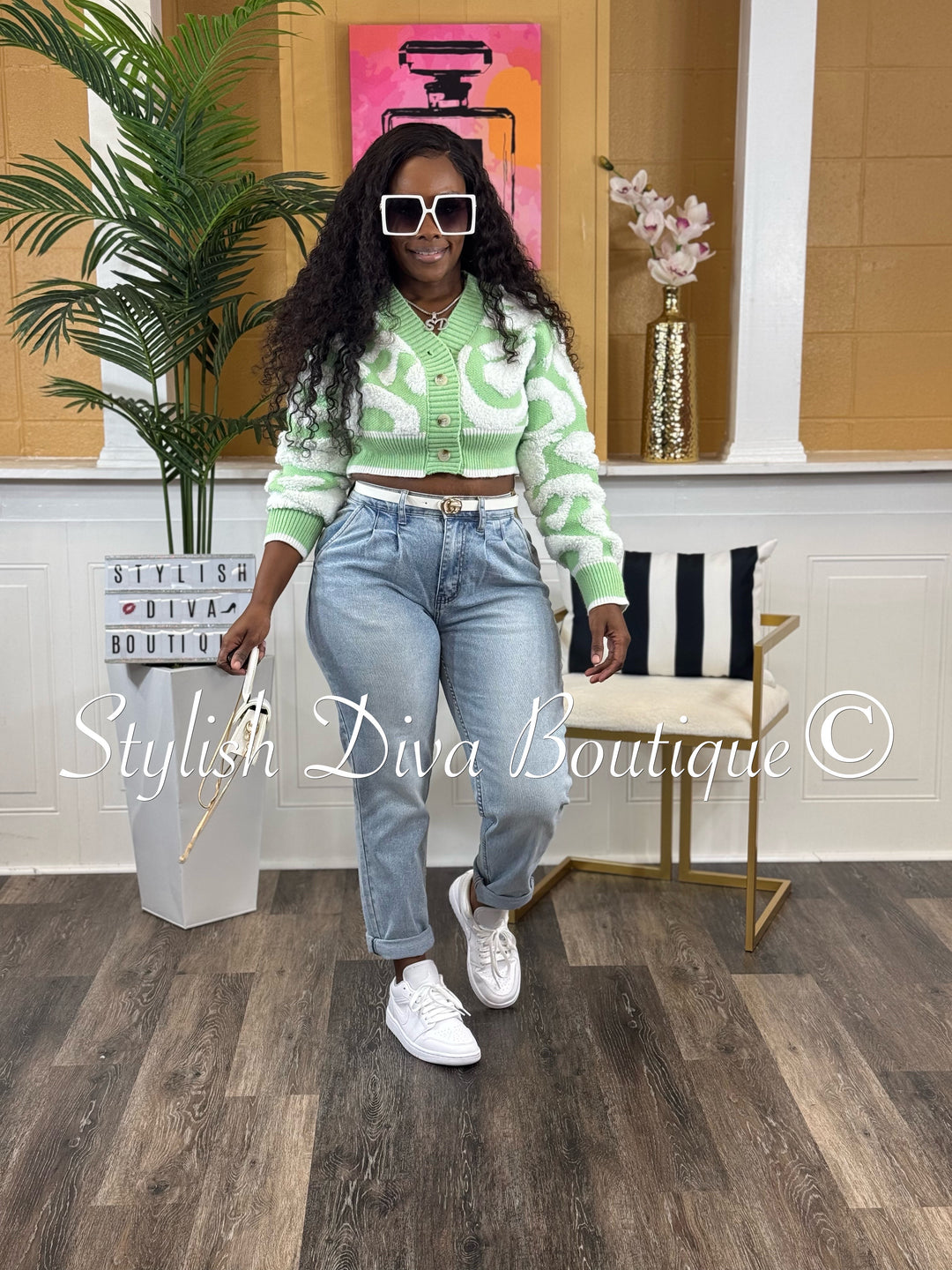 Isabelle Duo Color Cropped Knitted Cardigan (Light Green/White)
