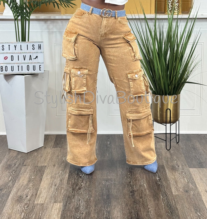 Main Character Acid Wash Cargo Jeans (Tan Wash)