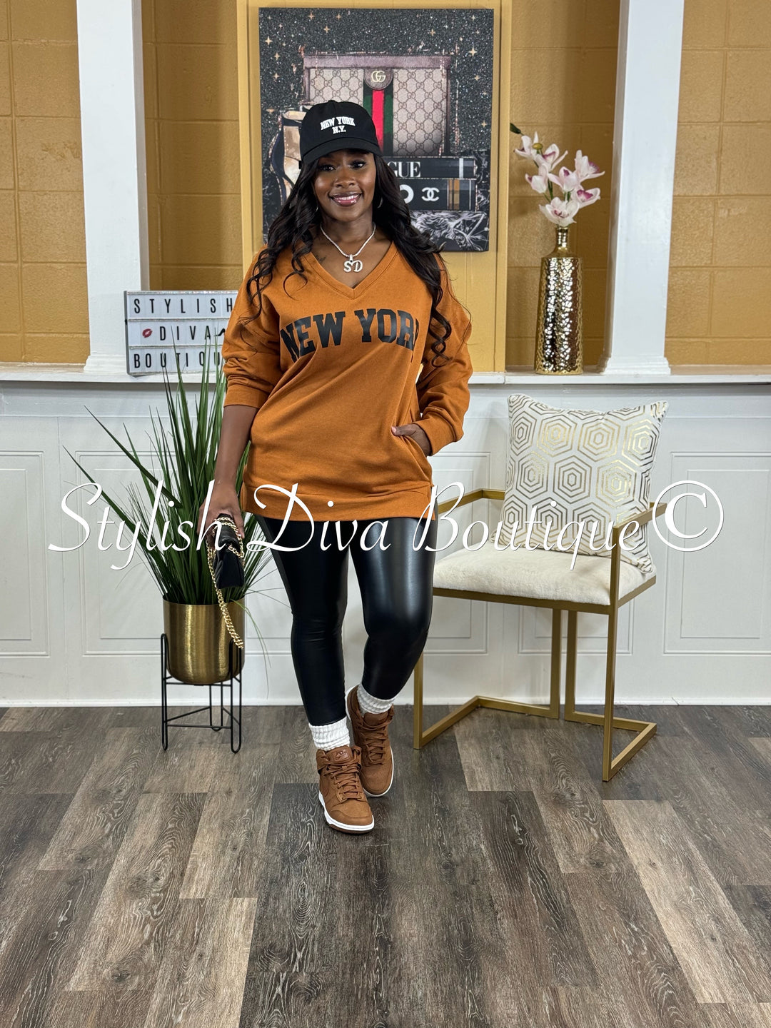 New York V Neck Sweatshirt Only (Terracotta Brown)