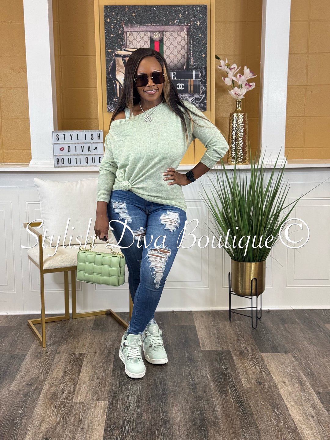 Bobbi Off Shoulder Spring Sweater (Sage)