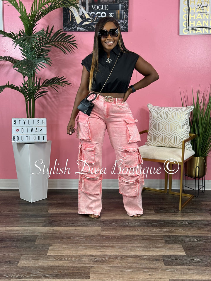 Nicki Acid Wash Cargo Pants (Pink)