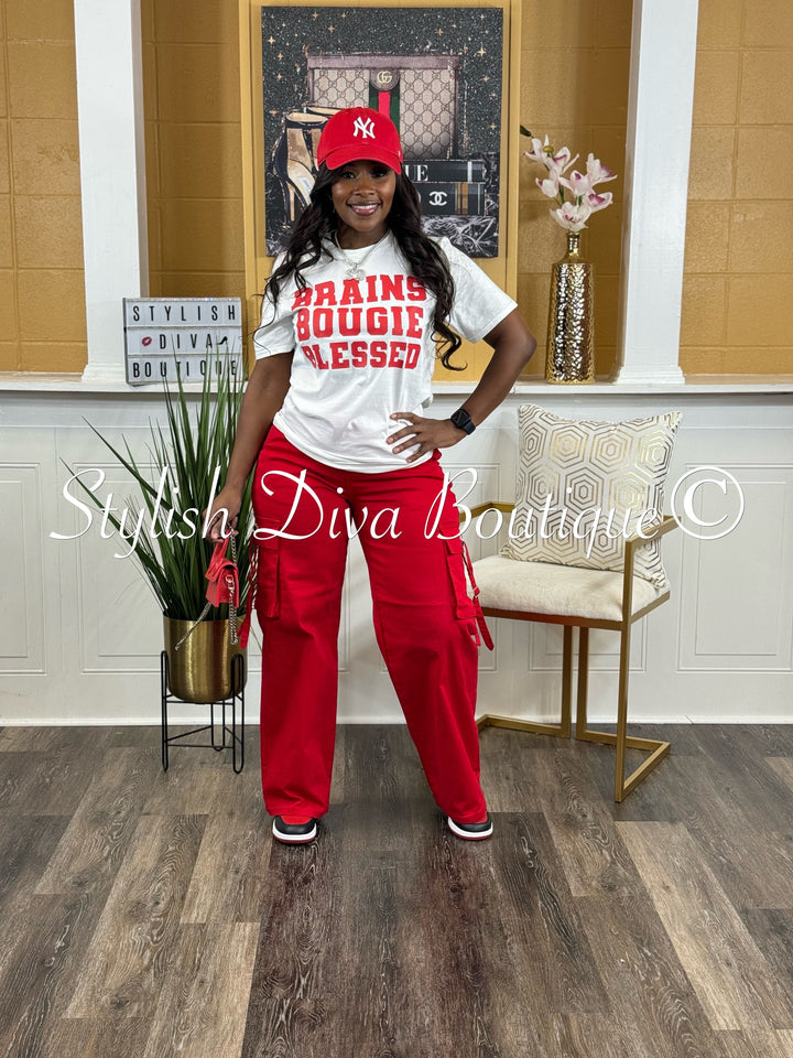 Brains Bougie Blessed T-Shirt (White Shirt/Red Print)