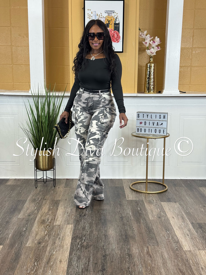 Grey Wash Camo Cargo Pants